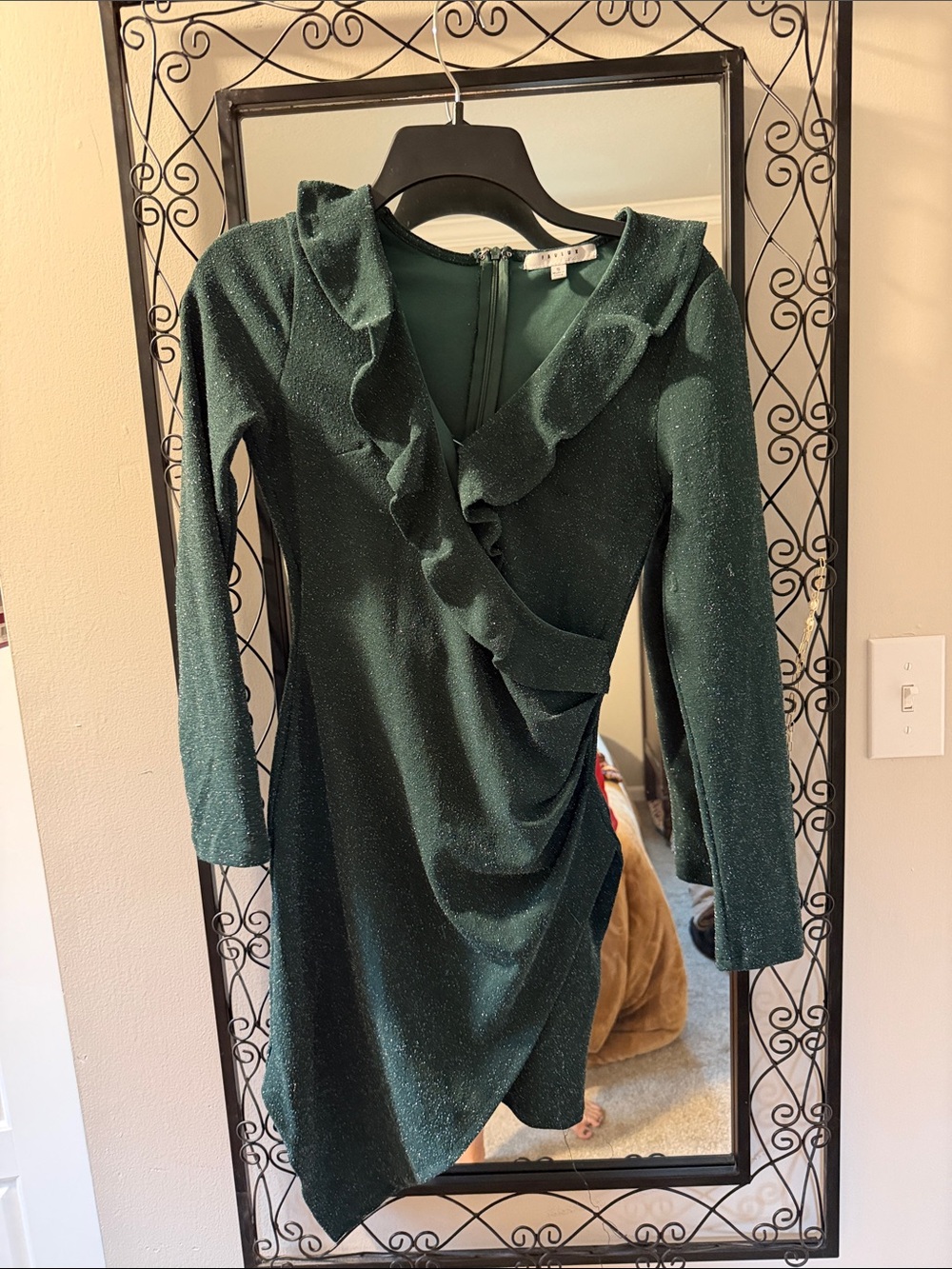 FAVLUX Emerald Green Ruffle-Wrap Long Sleeve Dress